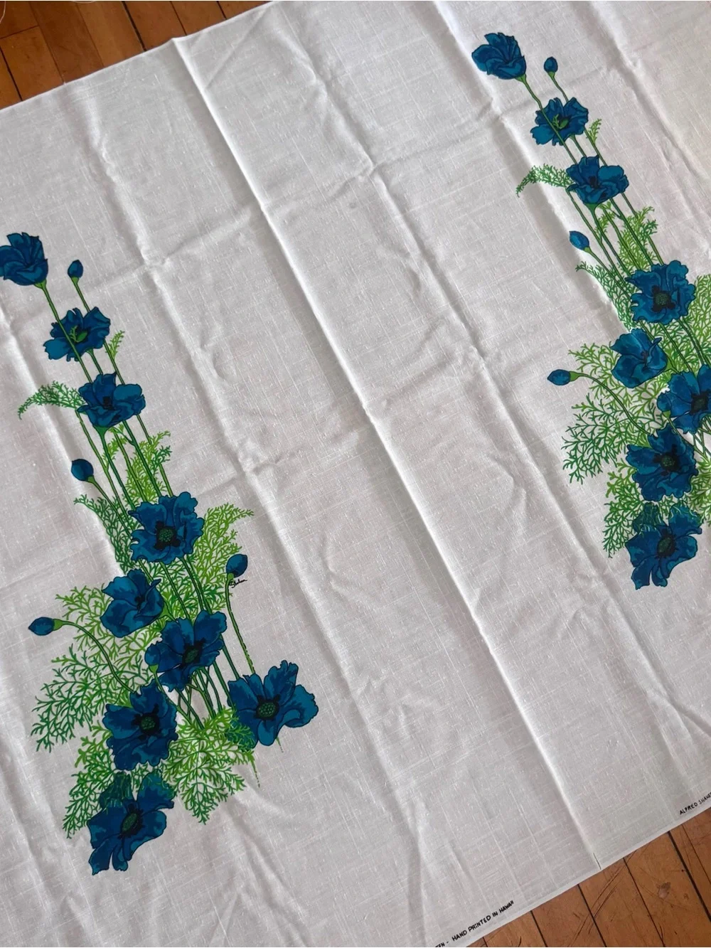Vintage Alfred Shaheen Fabric Hawaiian floral blue hand panted 60s